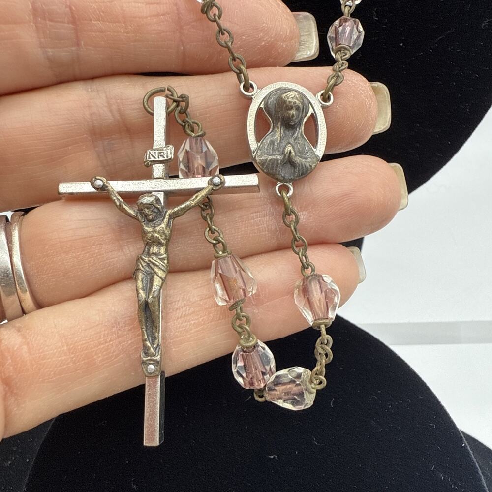 Vintage Rosary Silver Cross W/Beaded Glass Crystals *59 beads W/Virgin Mary Pray